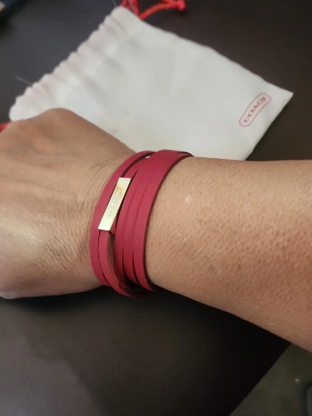 Coach Red Multi-Strap Leather Bracelet with Gold Hardware Euc